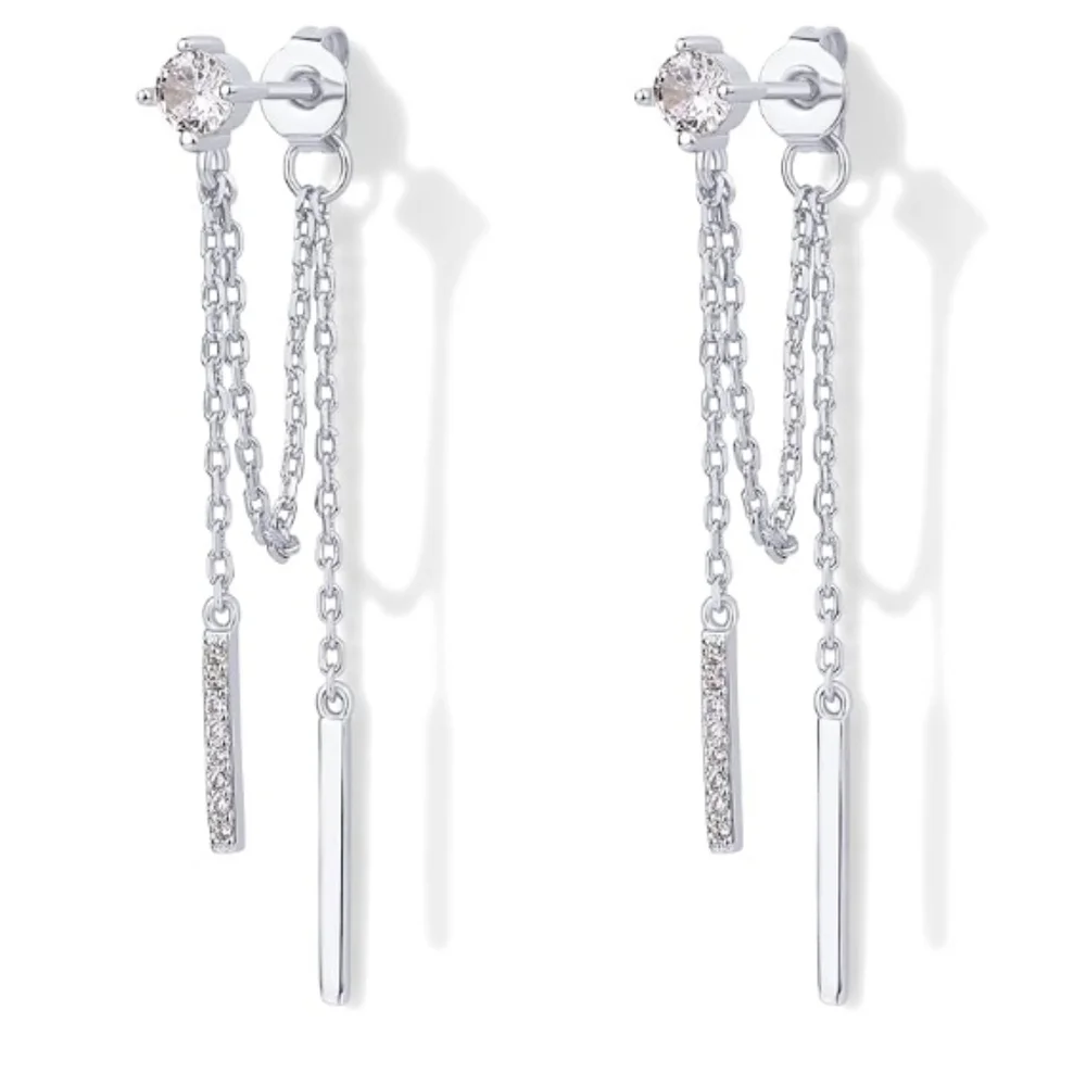 18K Gold Plated Sterling Silver Posts Drop Dangle Chain CZ Earrings White Gold